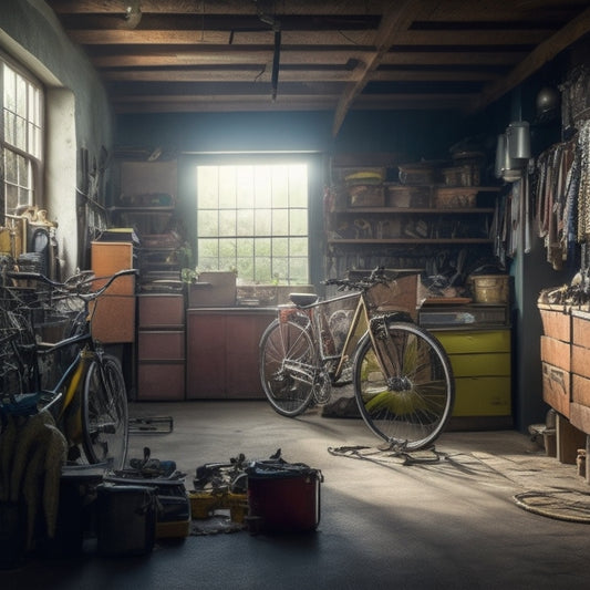 A cluttered garage interior with tools scattered on the floor, bicycles leaning against the walls, and boxes stacked haphazardly, with a single, open door in the background, casting a beam of light.