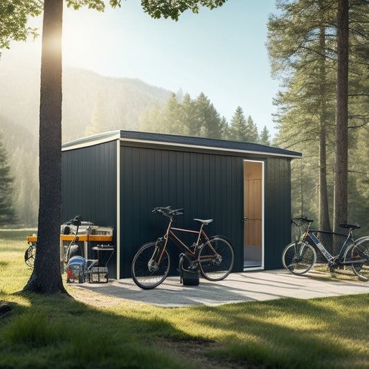 A serene outdoor scene with a sleek, modern shed in the background, surrounded by neatly organized camping gear, bicycles, and outdoor equipment, with a few trees and a sunny sky.