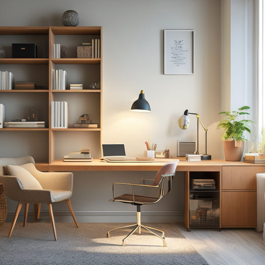 A serene, clutter-free workspace with a tidy desk, a few strategically-placed storage bins, and a minimalist bookshelf, illuminated by a soft, warm light, conveying a sense of calm and control.