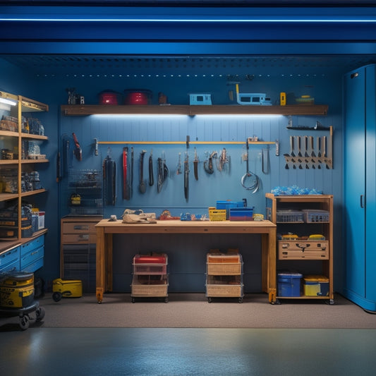 A well-lit, organized garage with a pegboard on the left, a rolling cabinet with transparent drawers in the center, and a wall-mounted folding workbench on the right, surrounded by neatly arranged tools.