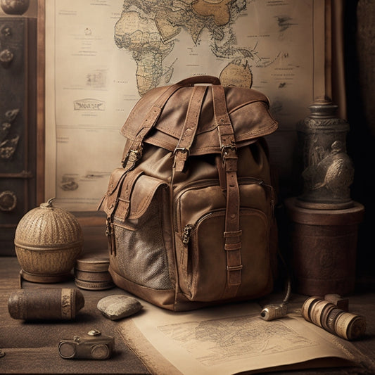 A vintage-style, sepia-toned illustration of a backpack overflowing with historical artifacts, maps, and scrolls, surrounded by subtle, earthy textures and faint, aged paper edges.