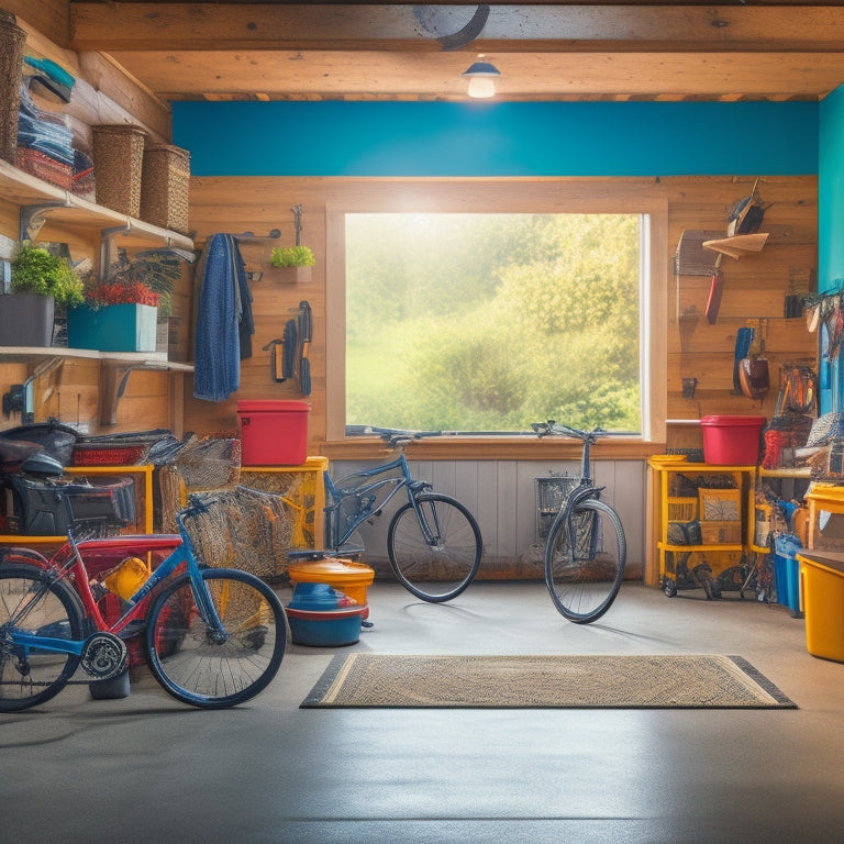 A cluttered garage interior with boxes, tools, and bicycles scattered everywhere, with a single, open garage door in the background, revealing a bright, organized, and tidy outdoor space.