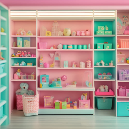 A pastel-colored, organized playroom with a miniature cityscape, featuring a variety of Barbie dolls posed on shelves, in baskets, and inside a transparent, stackable storage unit with labeled compartments.
