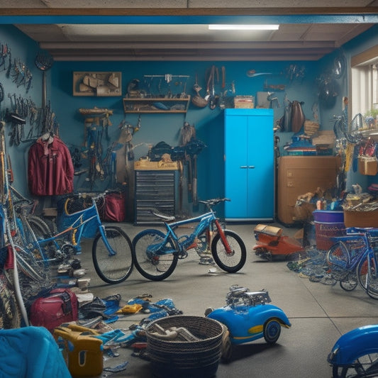 A cluttered garage interior with toys, tools, and sports equipment scattered everywhere, bicycles hanging from the ceiling, and a frazzled parent in the background, surrounded by chaos.