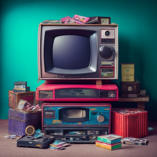 A nostalgic 90s-era TV set with a VHS player on top, surrounded by a scattered heap of old VHS tapes, with some tapes unwound, revealing their magnetic innards, amidst a backdrop of recycling symbols and eco-friendly elements.