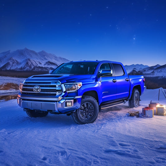 A frosty, snow-covered Toyota Tundra, with its hood up, revealing a complex engine bay, surrounded by tools and repair manuals, set against a dark blue, starry night sky.