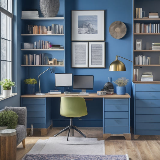 A modern, sleek, and organized home office with a wooden desk, a laptop, and a stack of remodeling design books, surrounded by renovation plans and colorful paint swatches.