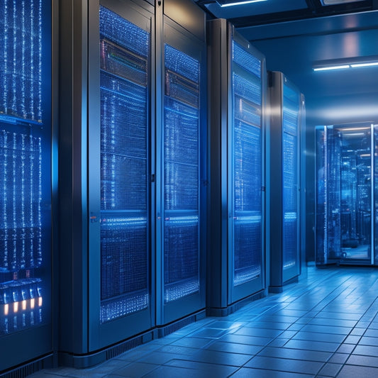 A futuristic server room with rows of sleek, silver racks, illuminated blue circuit boards, and glowing fiber optic cables, featuring a prominent, open service processor unit in the foreground.