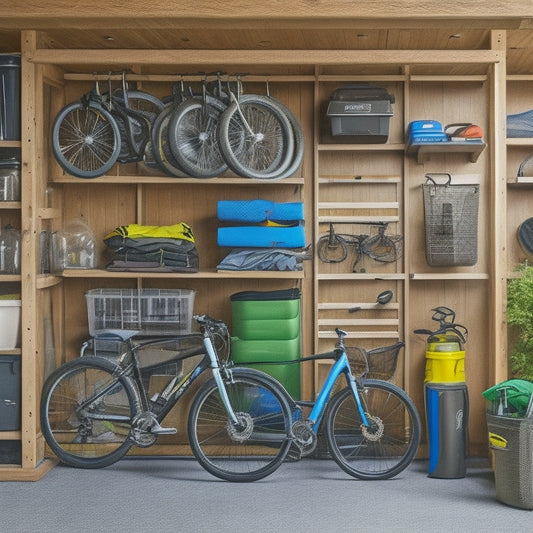 A clutter-free garage with organized shelves, labeled bins, and hooks holding various outdoor gear such as bicycles, kayaks, and camping equipment, with a calm and natural outdoor background.