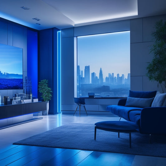 A futuristic, sleek, and modern home interior with a large, wall-mounted, glowing blue Powerwall display, surrounded by minimalist furniture and subtle ambient lighting, with a cityscape visible through a floor-to-ceiling window.