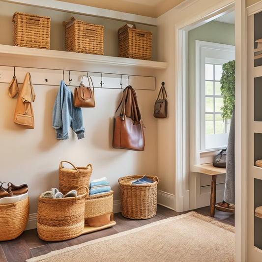 A clean and organized mudroom with a wooden bench, woven baskets, and hooks for coats and backpacks, adjacent to a walk-in closet with floor-to-ceiling shelves and a built-in shoe rack.