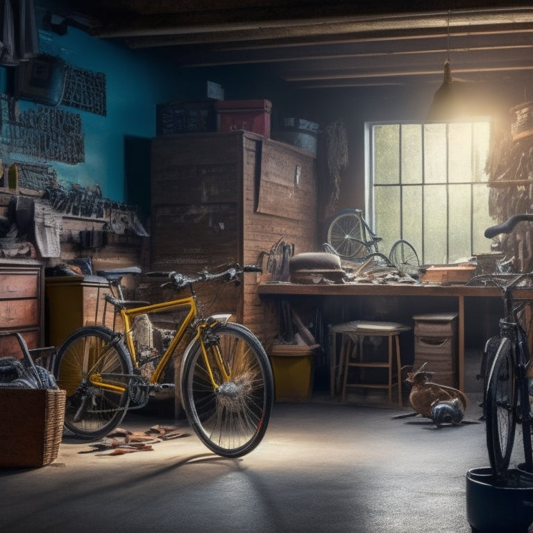 A cluttered garage interior with tools scattered on the floor, bicycles leaning against the walls, and boxes stacked haphazardly, with a single, open door in the background, casting a beam of light.