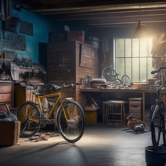 A cluttered garage interior with tools scattered on the floor, bicycles leaning against the walls, and boxes stacked haphazardly, with a single, open door in the background, casting a beam of light.