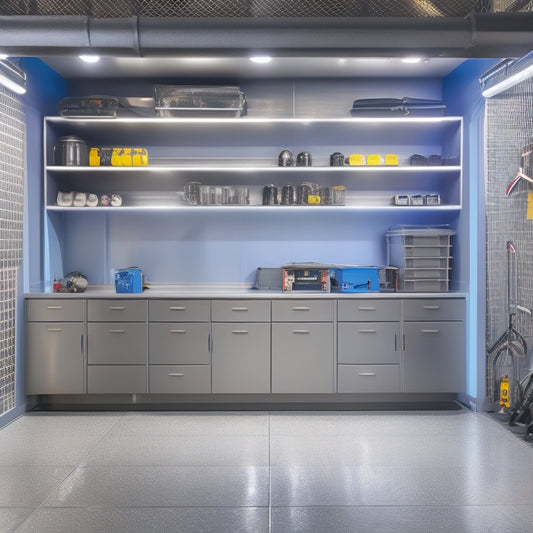 A well-organized garage with sleek, gray metal cabinets, a pegboard with neatly hung tools, and a polished, epoxy-coated concrete floor, illuminated by bright, overhead LED lights.