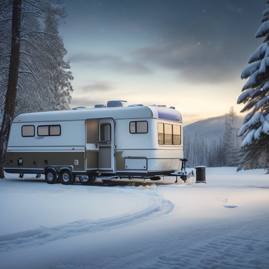A serene winter landscape featuring a snow-covered RV parked in a well-lit, enclosed storage facility with winterized tires, covered wheels, and a securely fastened tarp.