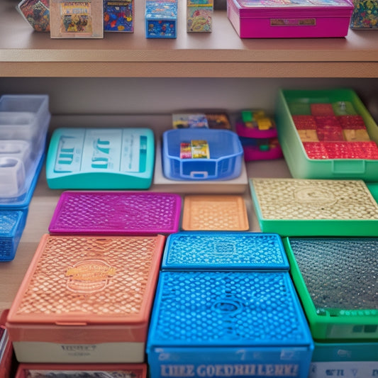 A colorful, overhead shot of a neatly organized game closet with stacks of board games stored in modern, hexagonal mesh bags with subtle shading and soft, natural light.