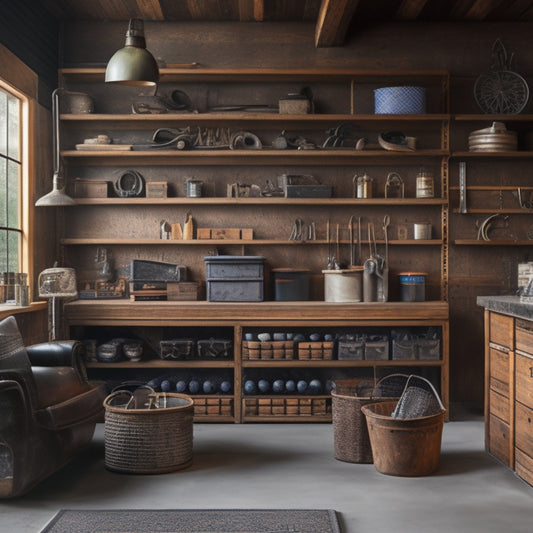 An organized garage with sleek, reclaimed wood shelves in a rustic-chic style, adorned with metal brackets, holding neatly stacked storage bins, tools, and a few vintage car parts.