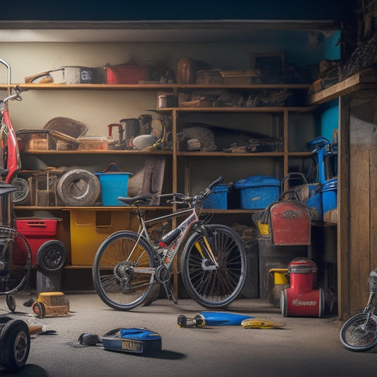 A cluttered garage scene with tools and storage bins scattered on the floor, bikes and lawn equipment leaning against walls, and a few open boxes spilling out contents, amidst a backdrop of worn concrete and dim lighting.