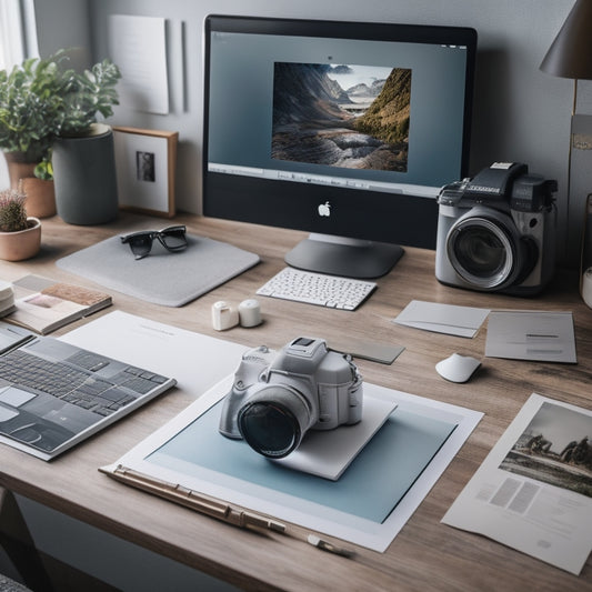 A tidy desk with a laptop, a small photo editing tablet, and a few neatly labeled folders, surrounded by a few framed photos and a minimalist background with pastel colors.