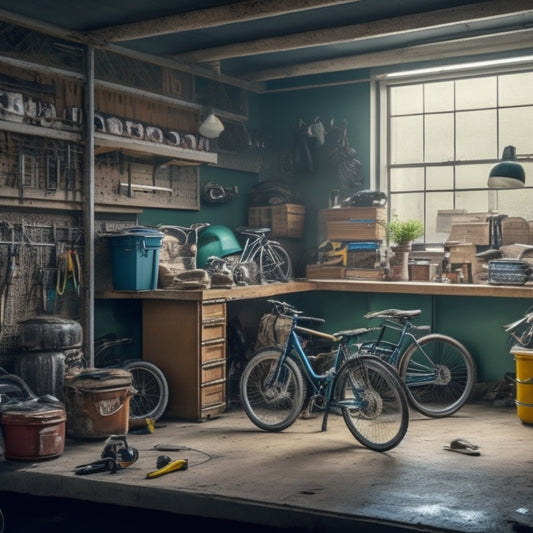 A cluttered garage interior with tools scattered on workbenches, bikes tangled on the floor, and storage bins stacked haphazardly, with a single, lonely parking space in the background.