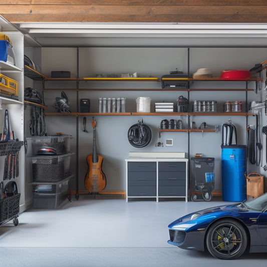 A serene, well-organized small garage with a sleek black sports car parked in the center, surrounded by neatly arranged storage bins, hooks, and a pegboard on the walls.