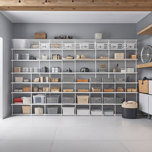 A well-organized garage interior with REIBII shelving units, featuring sturdy metal frames, adjustable shelves, and neatly stacked storage bins, set against a clean, light-gray concrete floor and neutral beige walls.