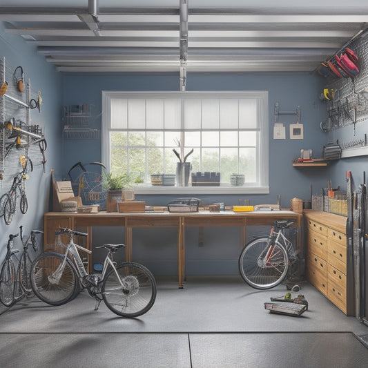 A well-organized garage workspace with a sleek, silver workbench, scattered with neatly arranged tools, a pegboard with labeled hooks, and a few bicycles suspended from the ceiling, surrounded by a spotless floor.