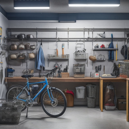 A well-lit, clutter-free garage with a pegboard on the left wall, holding various tools and baskets, and a sleek, silver shelving unit on the right, storing labeled bins and a bicycle.