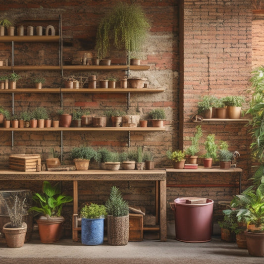 A clutter-free workshop with wooden shelves of varying heights, adorned with potted plants, vintage tools, and colorful storage bins, against a distressed brick wall with natural light pouring in.