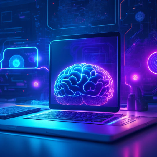 A futuristic, minimalist illustration featuring a stylized, glowing brain surrounded by orbiting digital elements, such as laptops, tablets, and smartphones, amidst a backdrop of swirling, neon-lit circuits.