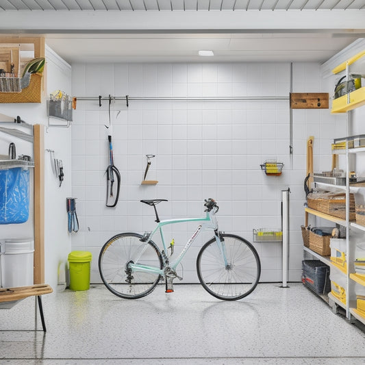 A bright, organized garage with a sleek epoxy-coated floor, white cabinets, and a pegboard with tools, surrounded by a few neatly arranged bicycles and a tidy workbench.