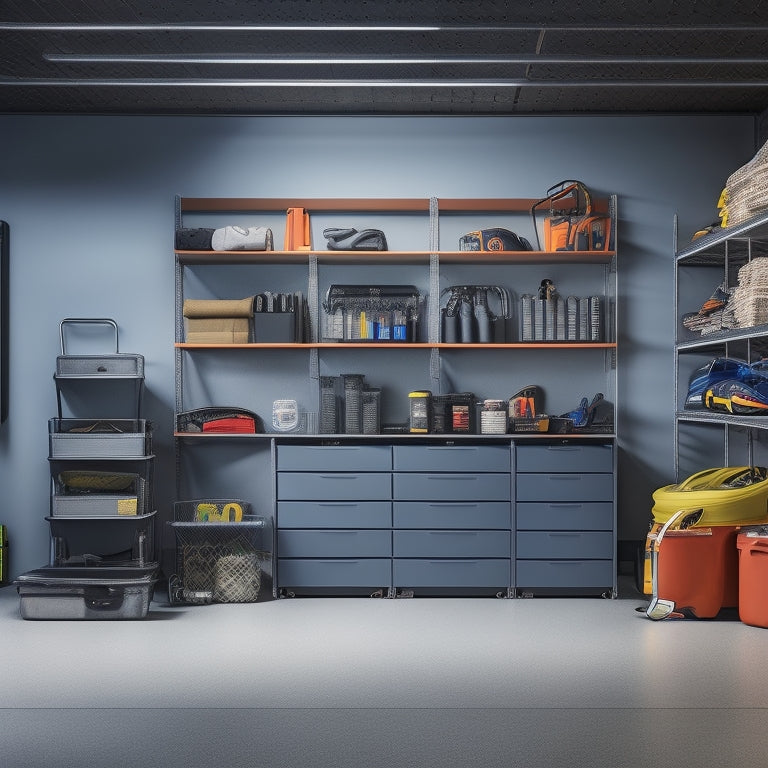 A well-lit garage with a mix of large and small storage bins, tools, and sports equipment organized on sturdy, adjustable metal shelves with varying heights and depths, against a clean, gray concrete floor.