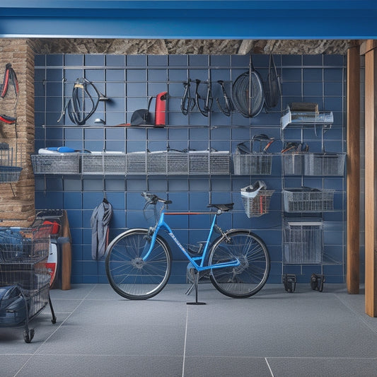 A well-organized garage with a slatwall featuring hooks, bins, and baskets, a pegboard with tools, and a sleek, black epoxy-coated floor reflecting a row of bicycles and a sports car.