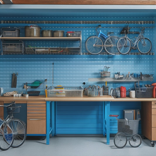 A clutter-free garage interior with a pegboard on the wall, labeled bins on shelves, a hanging bike, and a sleek workbench with a few organized tools, lit by natural light.