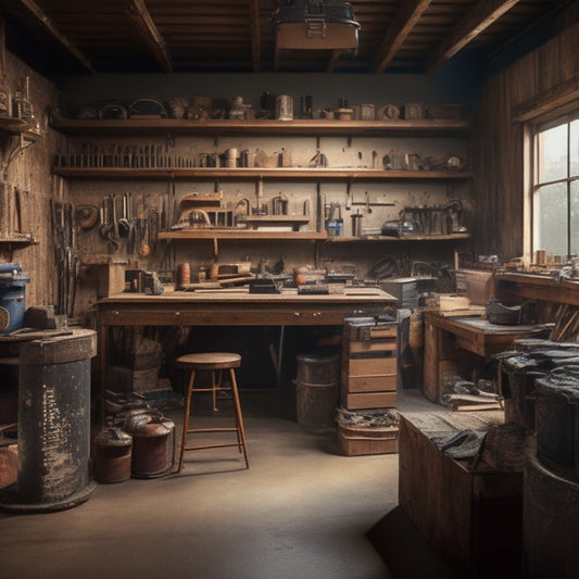 A messy garage workshop with scattered power tools and machinery, surrounded by wooden planks and metal brackets, with a partially built custom shelving unit in the background.