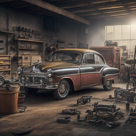 A vintage-inspired, distressed background with a retro-style garage or mechanic's workshop, featuring a classic car with its hood up, surrounded by scattered tools, gears, and car parts, with a faint cityscape in the distance.
