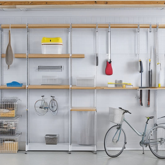 A well-organized garage with sleek, silver shelving units, labeled bins, and a pegboard adorned with neatly hung tools, bicycles, and accessories, set against a bright, white backdrop.