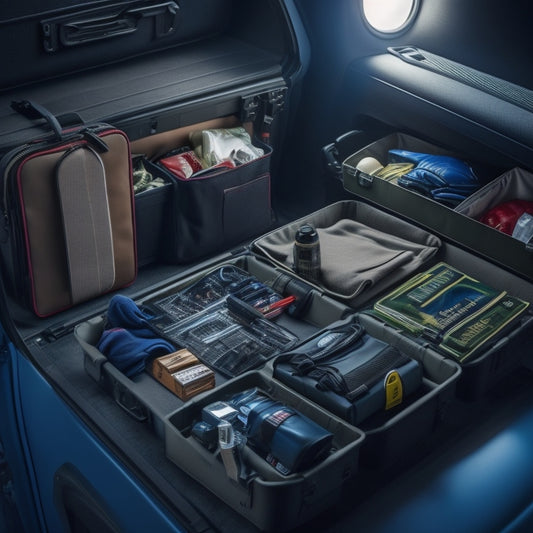 A dimly lit, clutter-free trunk interior with a PLR-16 rifle case secured with Velcro straps, surrounded by neatly organized emergency supplies and a first-aid kit.