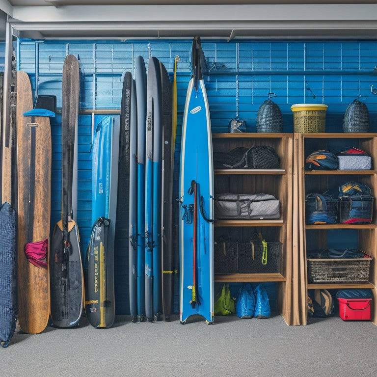 A well-organized garage with a dedicated paddleboard storage area, featuring a wall-mounted rack holding three deflated paddleboards in protective bags, next to a shelf with neatly stacked storage bins.