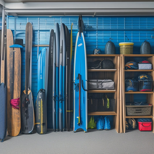 A well-organized garage with a dedicated paddleboard storage area, featuring a wall-mounted rack holding three deflated paddleboards in protective bags, next to a shelf with neatly stacked storage bins.