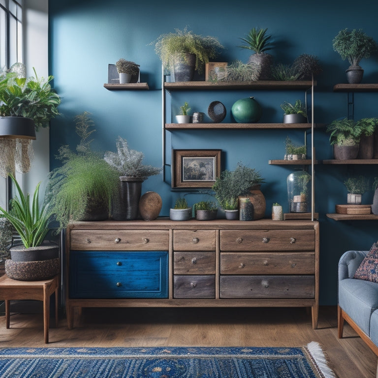 An eclectic, modern living room with a reclaimed wood wall featuring three repurposed drawers in various sizes, transformed into floating shelves, holding potted plants, vintage vases, and decorative objects.