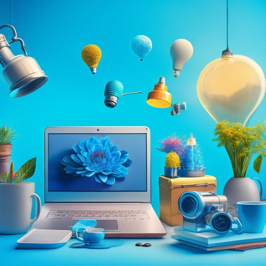 A vibrant, modern illustration of a lightbulb bursting into bloom, surrounded by various small business icons like coffee cups, laptops, and briefcases, set against a bright blue background with subtle startup-themed patterns.