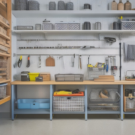 A clutter-free garage with a pegboard on the wall, holding various tools and accessories, and a sleek workbench with built-in cabinets and a countertop, surrounded by labeled bins and baskets.