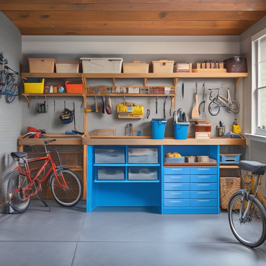 A well-lit, clutter-free garage with a sleek, wall-mounted shelving unit, labeled bins, and a slatwall with hooks, baskets, and a foldable workbench, surrounded by a few neatly parked bicycles and a tidy toolbox.
