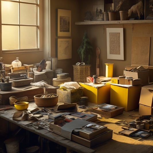 A cluttered studio with half-packed boxes, scattered art supplies, and Neal Rantoul's photographs covering walls and tables, amidst a warm, golden light, with a sense of transition and creative chaos.