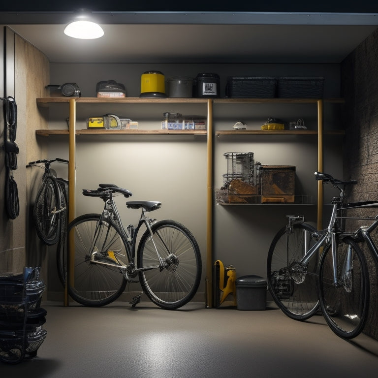 A dimly lit small garage with a sleek, silver, wall-mounted bike rack, adjacent to a compact shelving unit with labeled bins, and a sliding ladder leading to an overhead storage loft.
