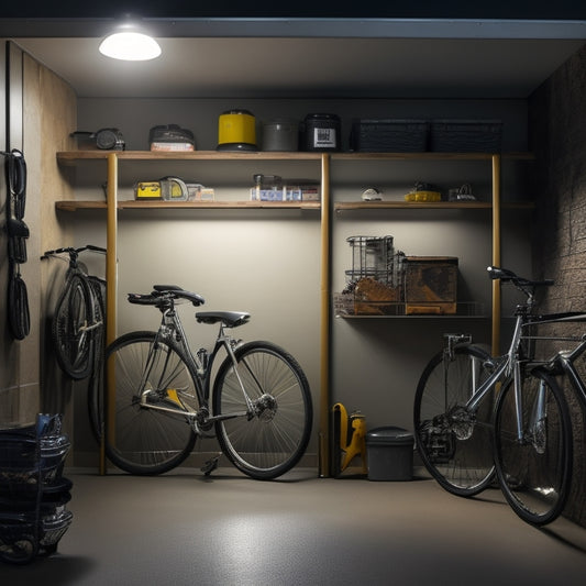 A dimly lit small garage with a sleek, silver, wall-mounted bike rack, adjacent to a compact shelving unit with labeled bins, and a sliding ladder leading to an overhead storage loft.