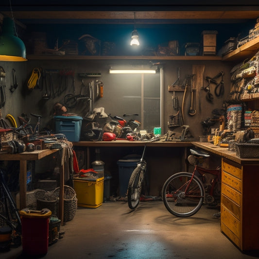 A dimly lit garage with cluttered shelves, scattered tools, and a messy workbench, surrounded by old boxes, bicycles, and forgotten sports equipment, with a faint outline of a sleek, organized space in the background.