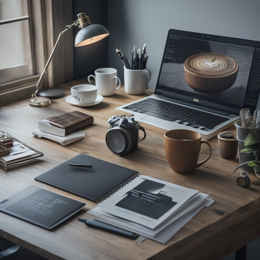 A tidy, modern workspace with a laptop, a cup of coffee, and a few organized inventory folders, surrounded by a subtle background of clock gears and faint calendar patterns.