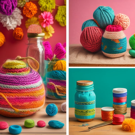 A whimsical, colorful collage of various DIY projects, including a half-finished knitting scarf, a painted mason jar, a woven basket, and a few scattered buttons, threads, and pom-poms.